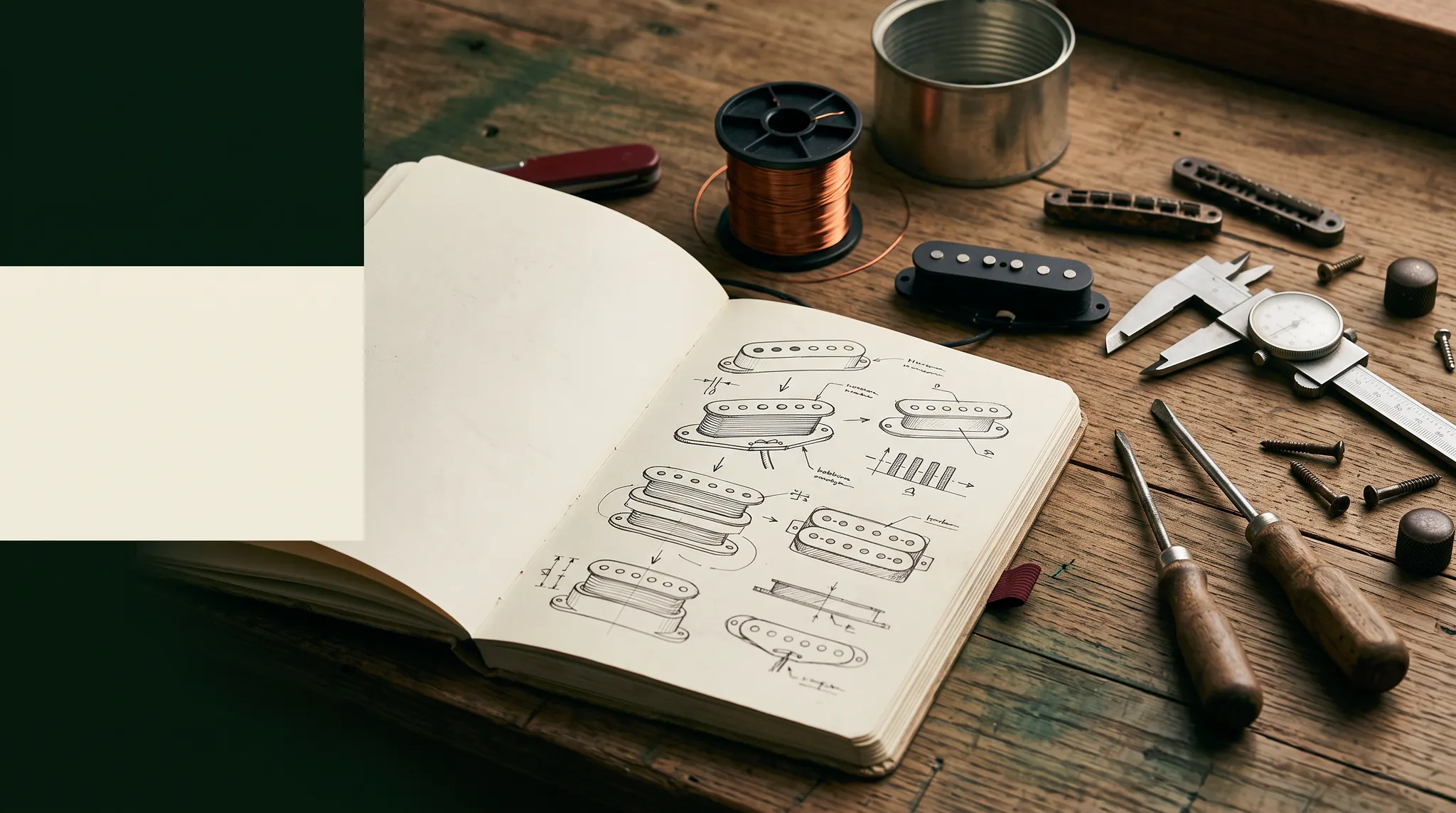 Pickup sketches, copper wire, and workshop tools in an open notebook