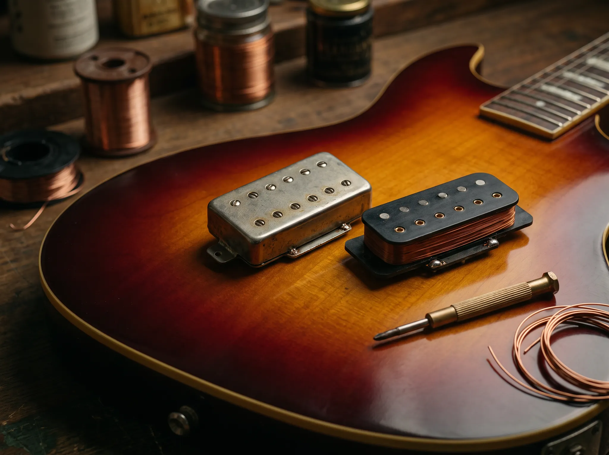 Two handcrafted guitar pickups on a sunburst guitar