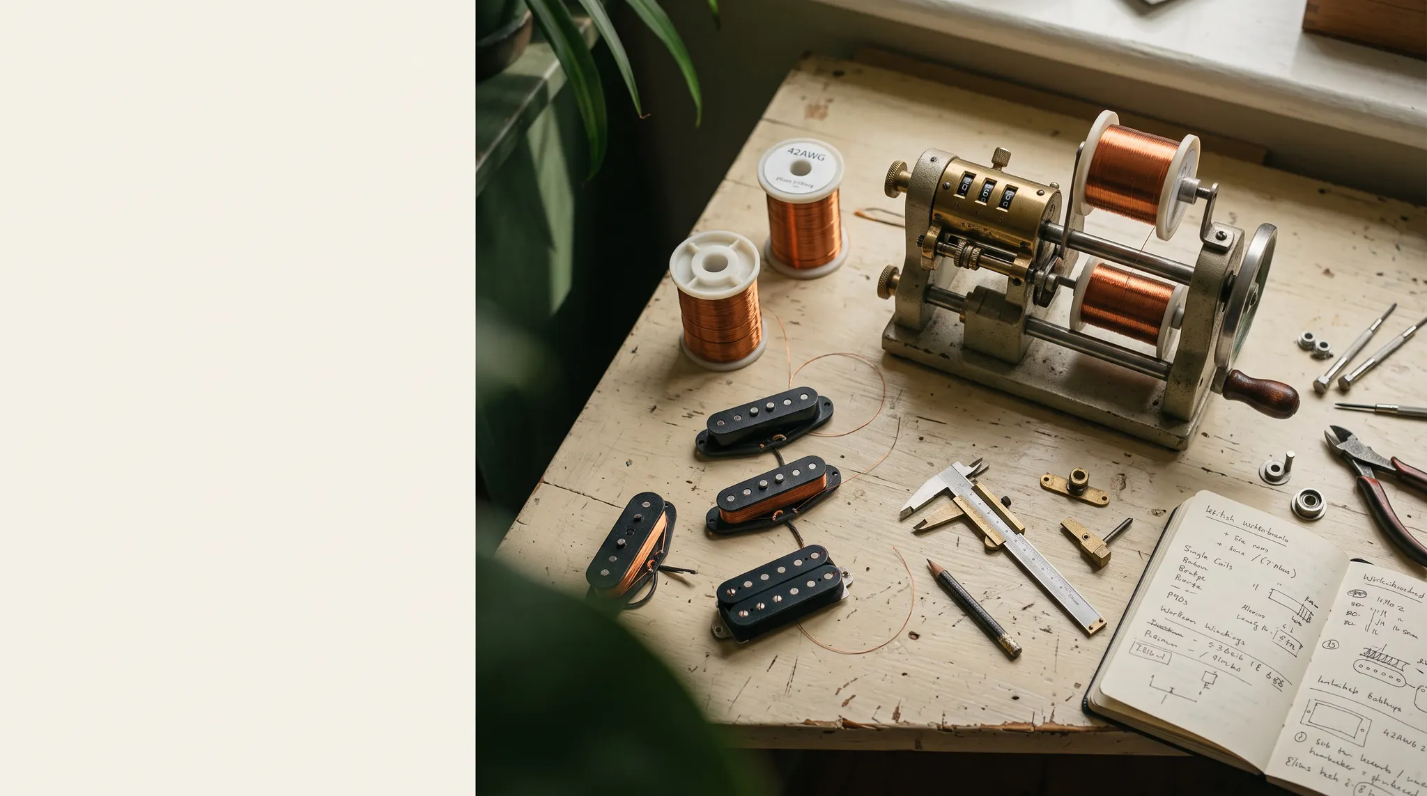 Pickup winding tools, copper wire, and workshop notes