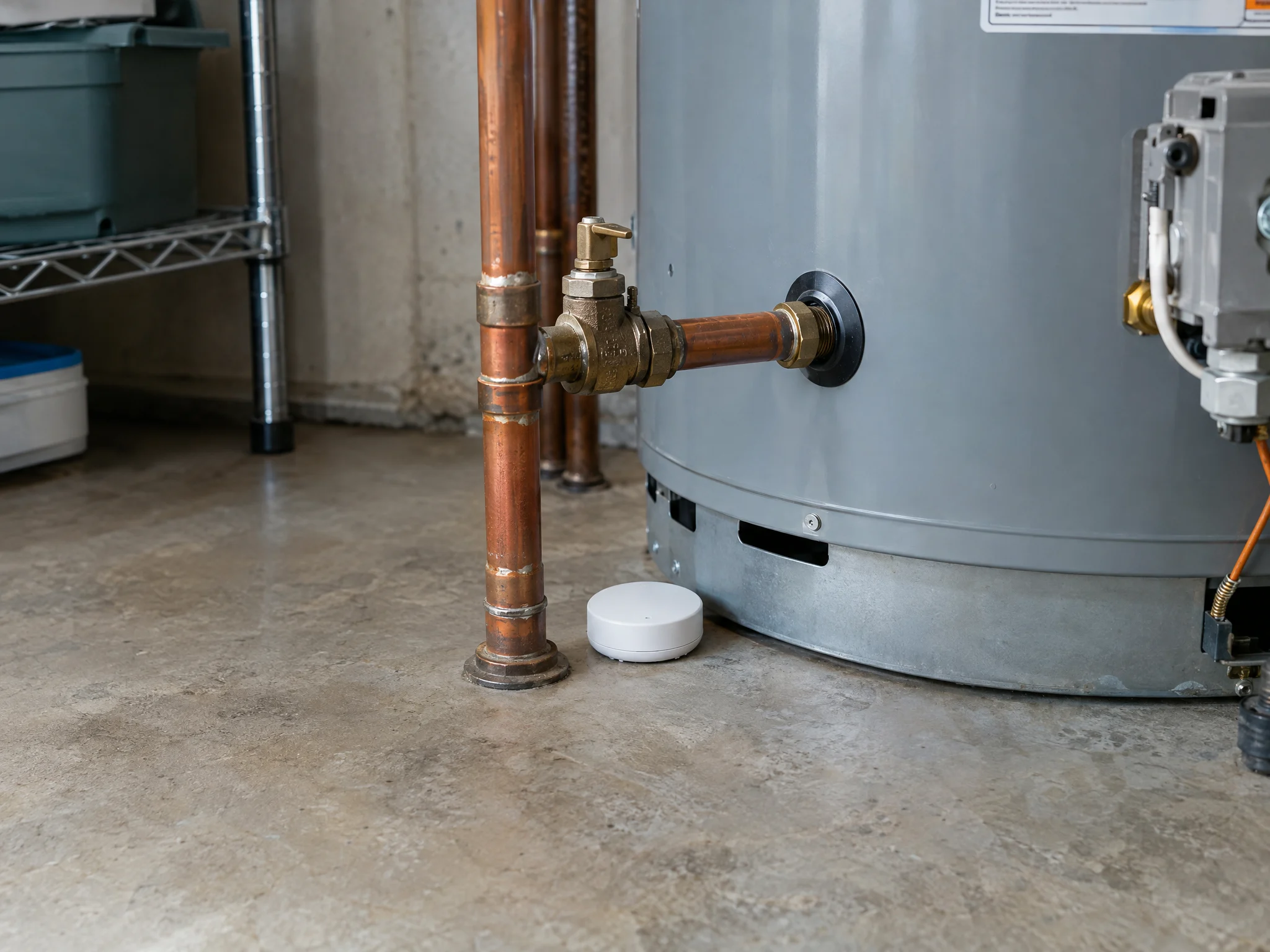 AI-generated illustration of a water leak sensor beside a water heater