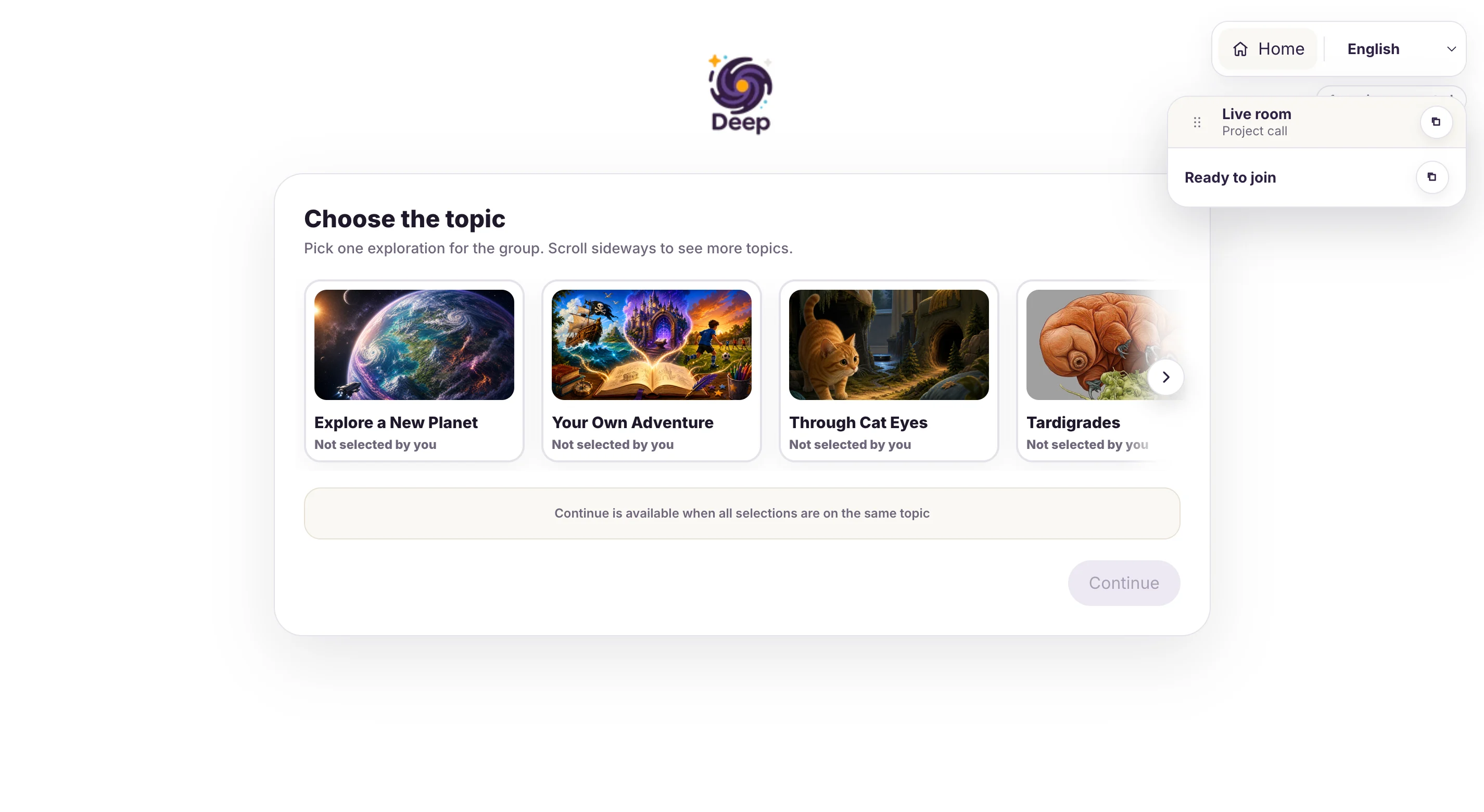 Deep's topic selection screen with projects about planets, adventures, cats and tardigrades