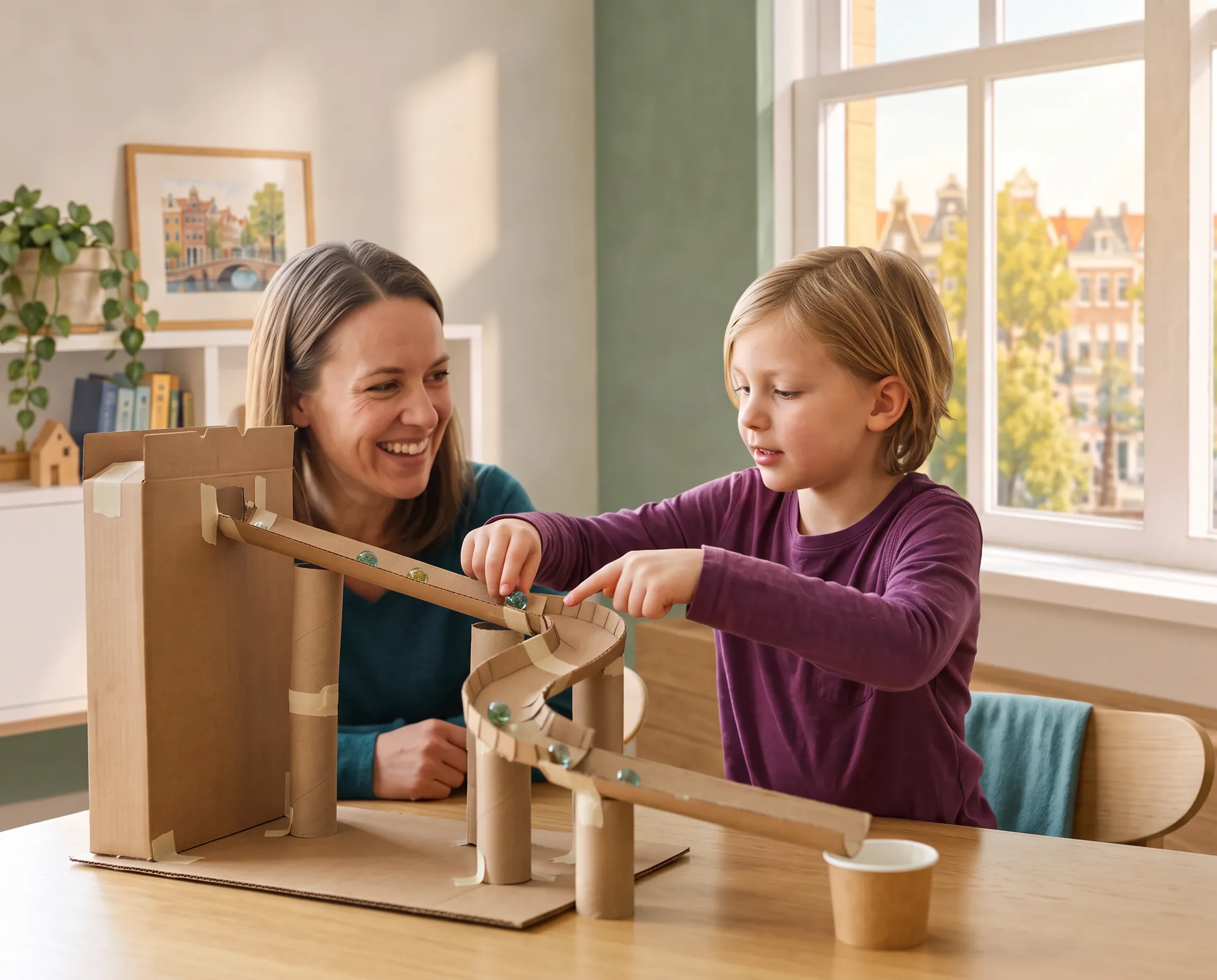 Illustrative scene of a child explaining a handmade cardboard marble run to a parent