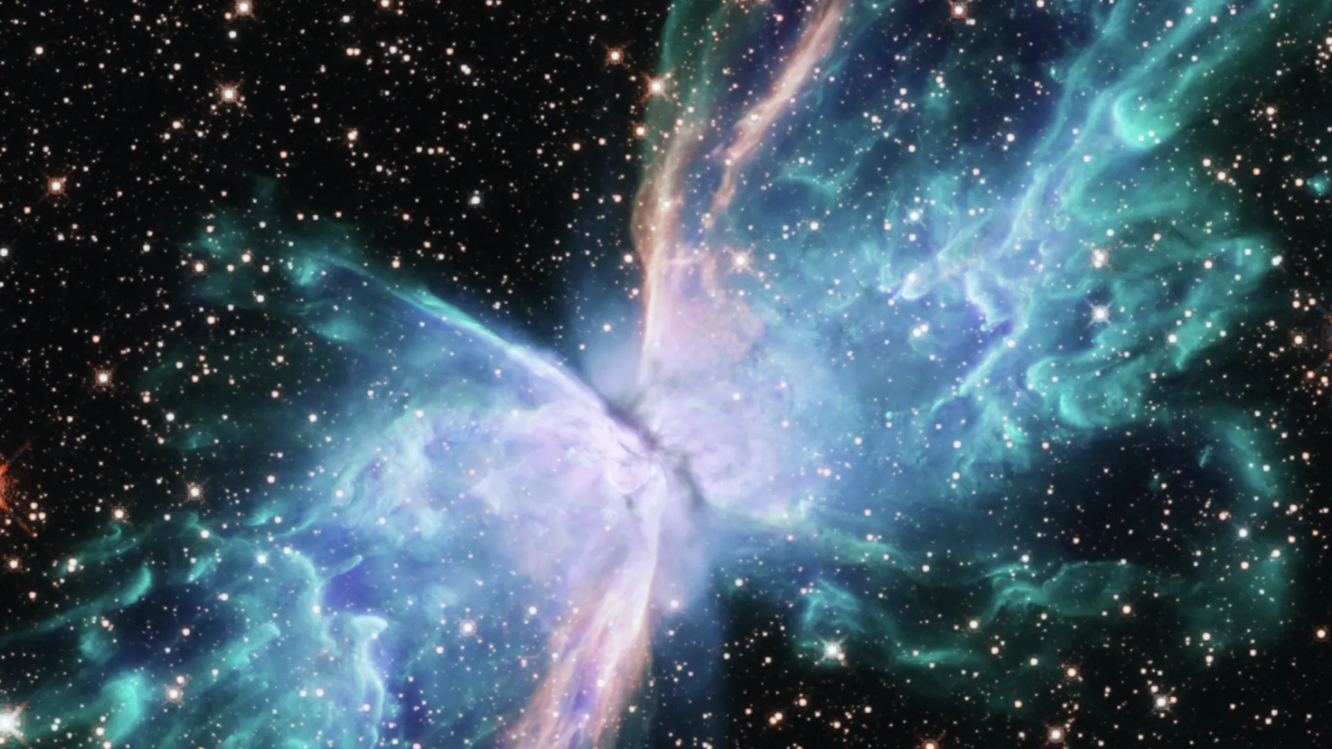 Violet and turquoise gas clouds in a butterfly-shaped nebula
