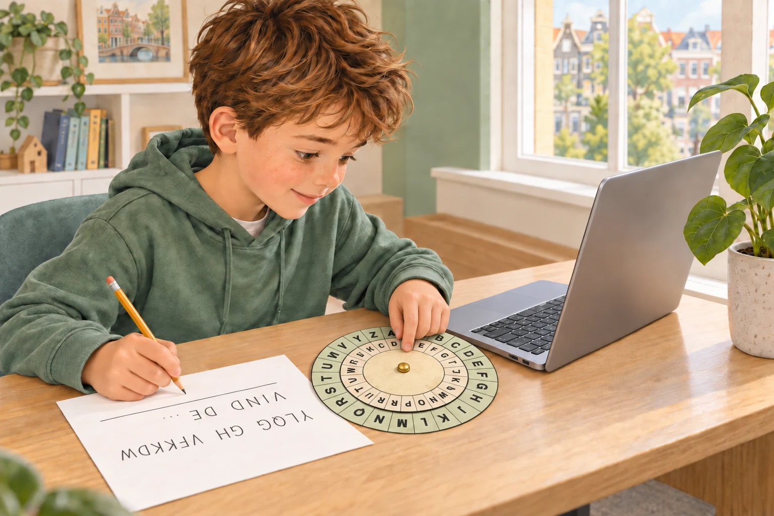 Illustrative scene of a boy in a green hoodie working with an alphabet cipher wheel, pencil and laptop