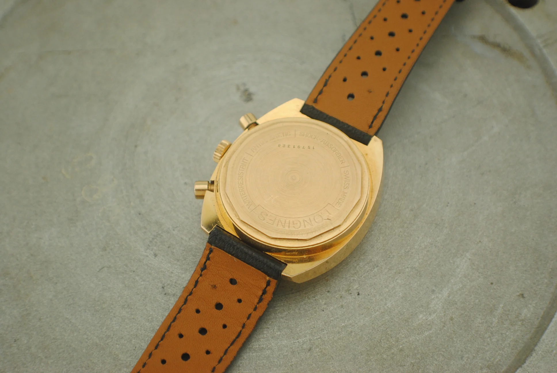 Rear of the Longines Nonius rose-gold case and leather strap