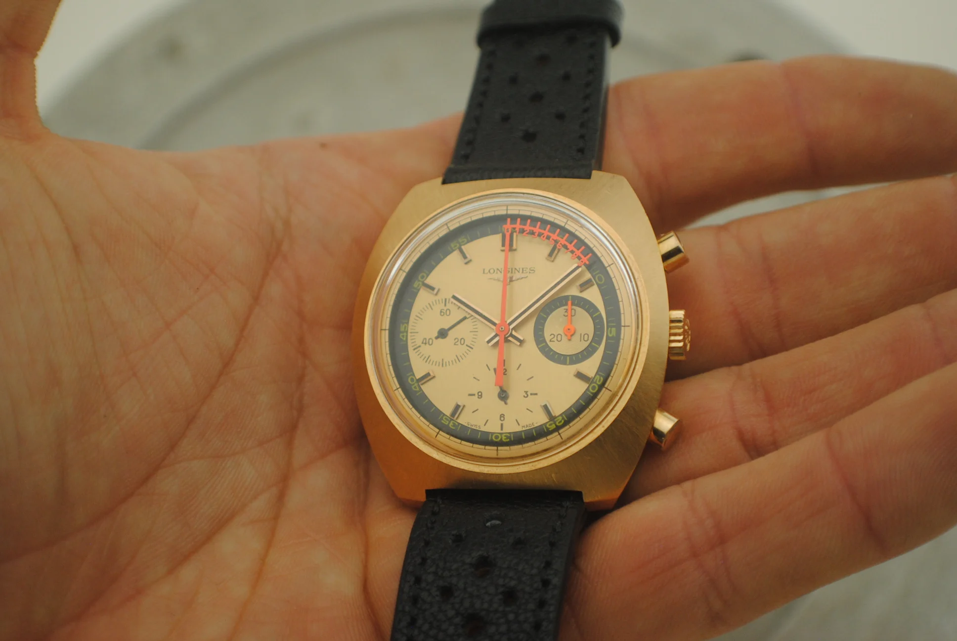 Crystal-on close view of the Longines Nonius dial and red tenths-of-a-second chronograph hand