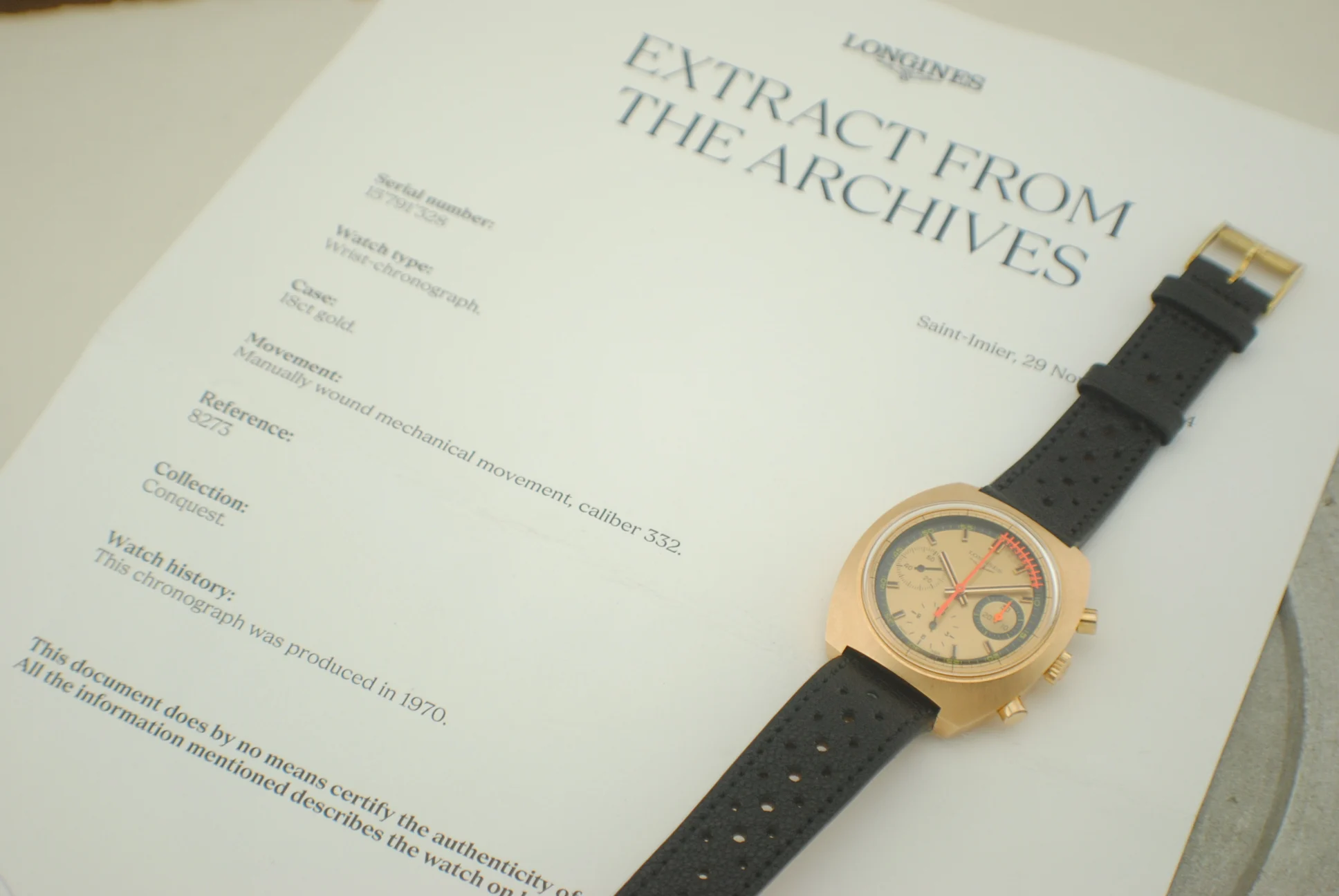 Longines Nonius chronograph photographed with its Longines Extract from the Archives