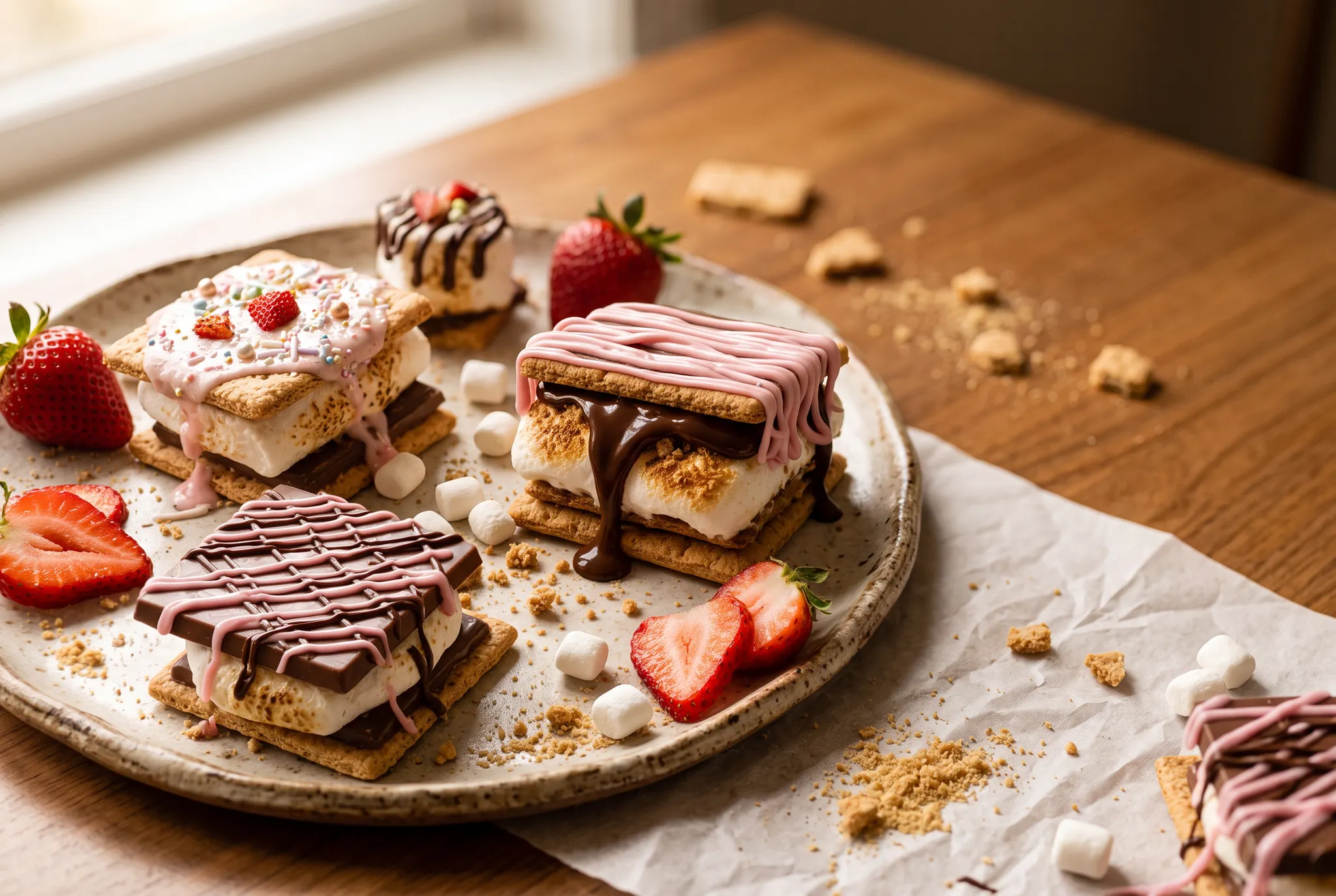 Assorted custom decorated s’mores with strawberry and chocolate finishes