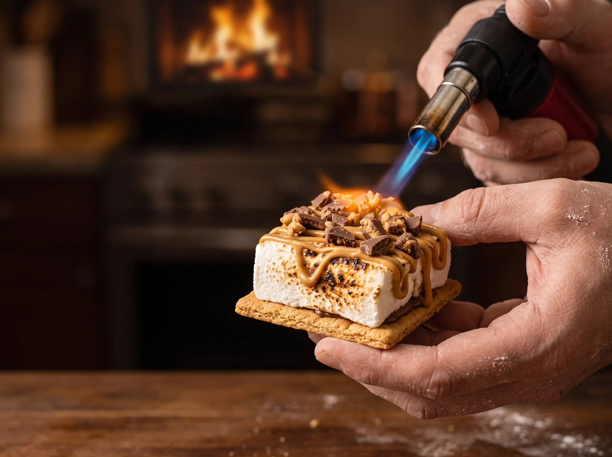 A gourmet s’more being finished by hand with a culinary torch