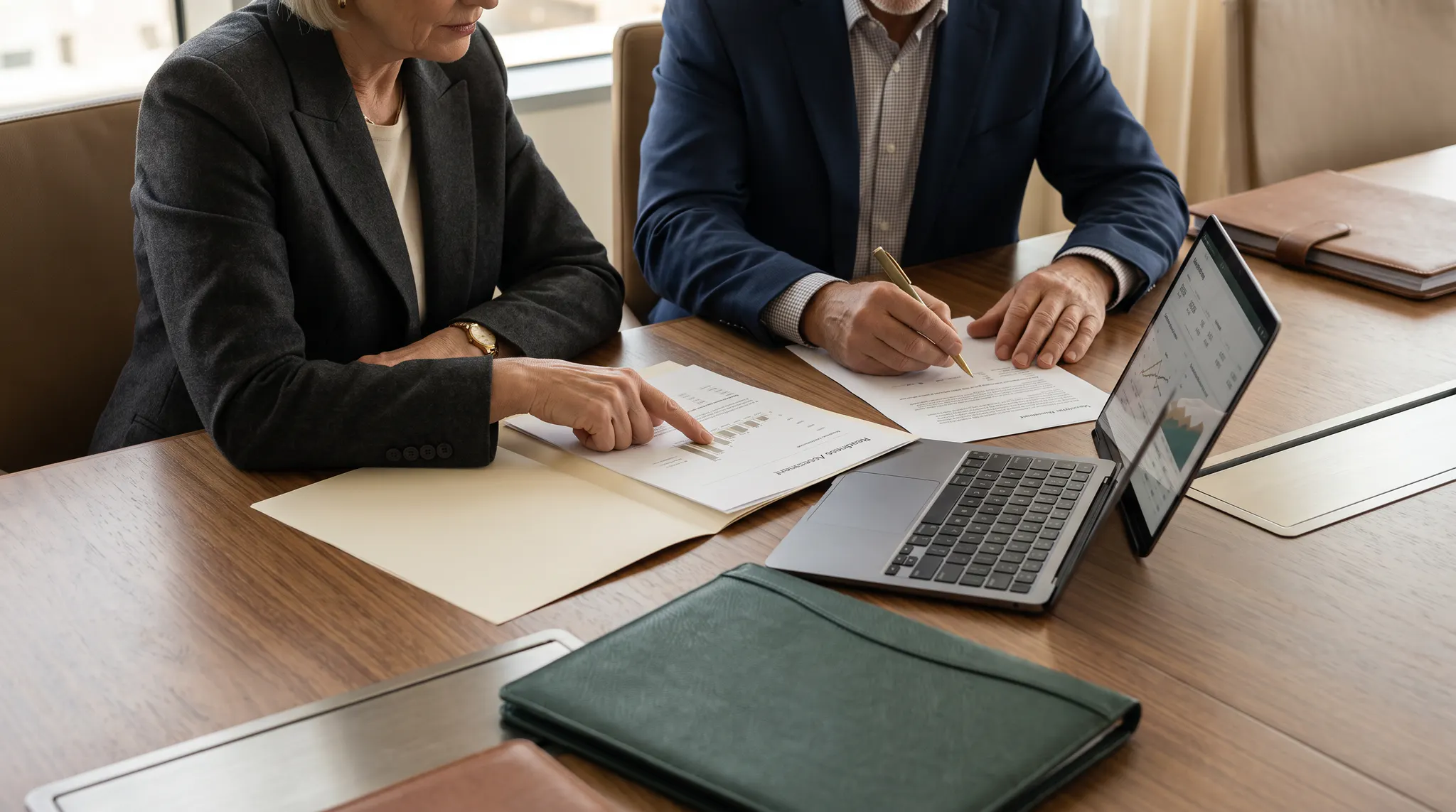Owner and advisor reviewing business information together