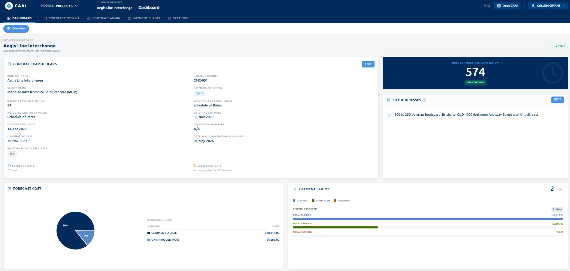 CAAi Aegis Line Interchange project dashboard with contract particulars, forecast cost, and payment claims