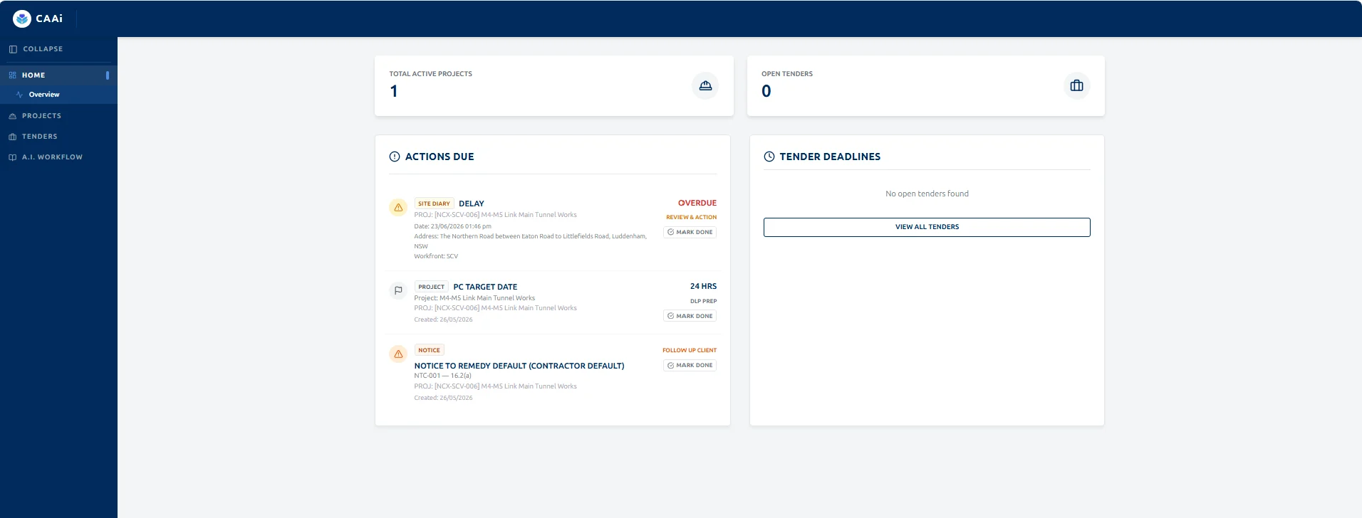 CAAi overview dashboard with actions due, active projects, and tender deadlines