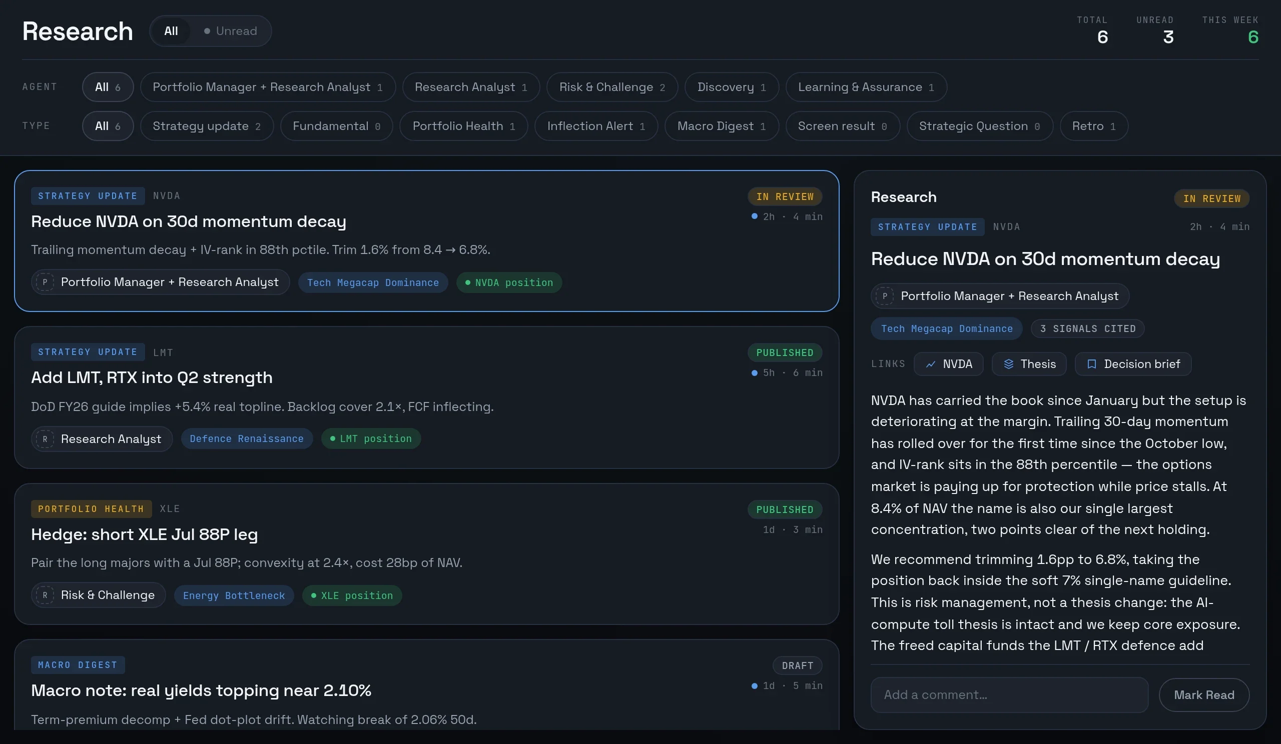 TierOne Research inbox listing prepared notes by agent and type, with a recommendation open for review