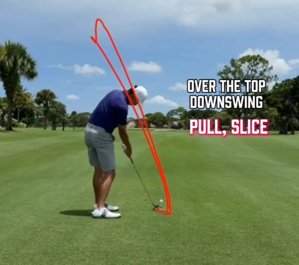 Golfer demonstrating an over-the-top downswing that produces a pull or slice