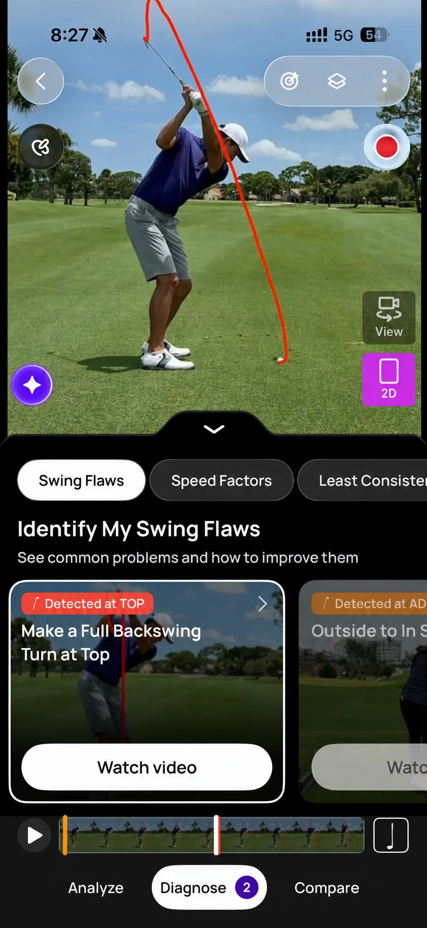 Sportsbox 3DGolf identifying the golfer's full backswing turn opportunity