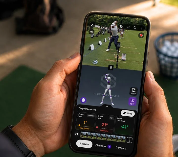 Sportsbox 3DGolf showing a golfer and a 3D body-motion analysis on a phone