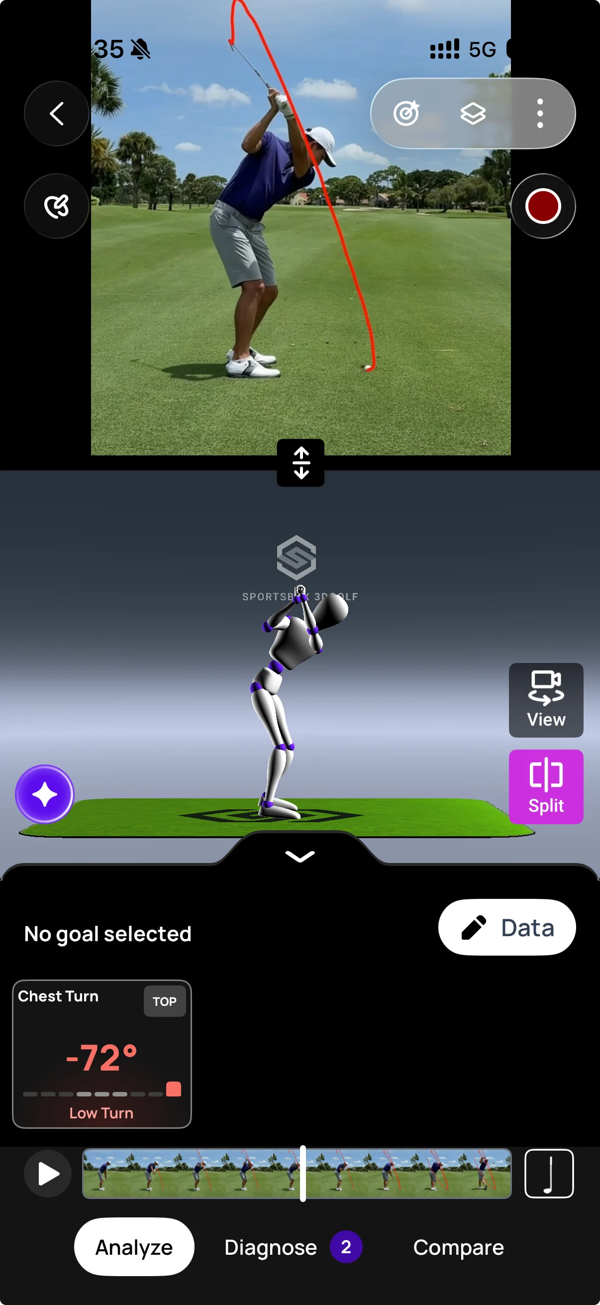 Sportsbox 3DGolf reconstructing the golfer in 3D and measuring low chest turn at the top