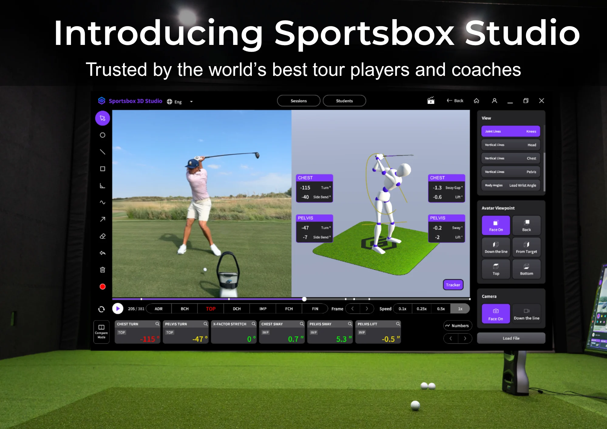 Sportsbox Studio 3D analysis running inside an indoor golf bay