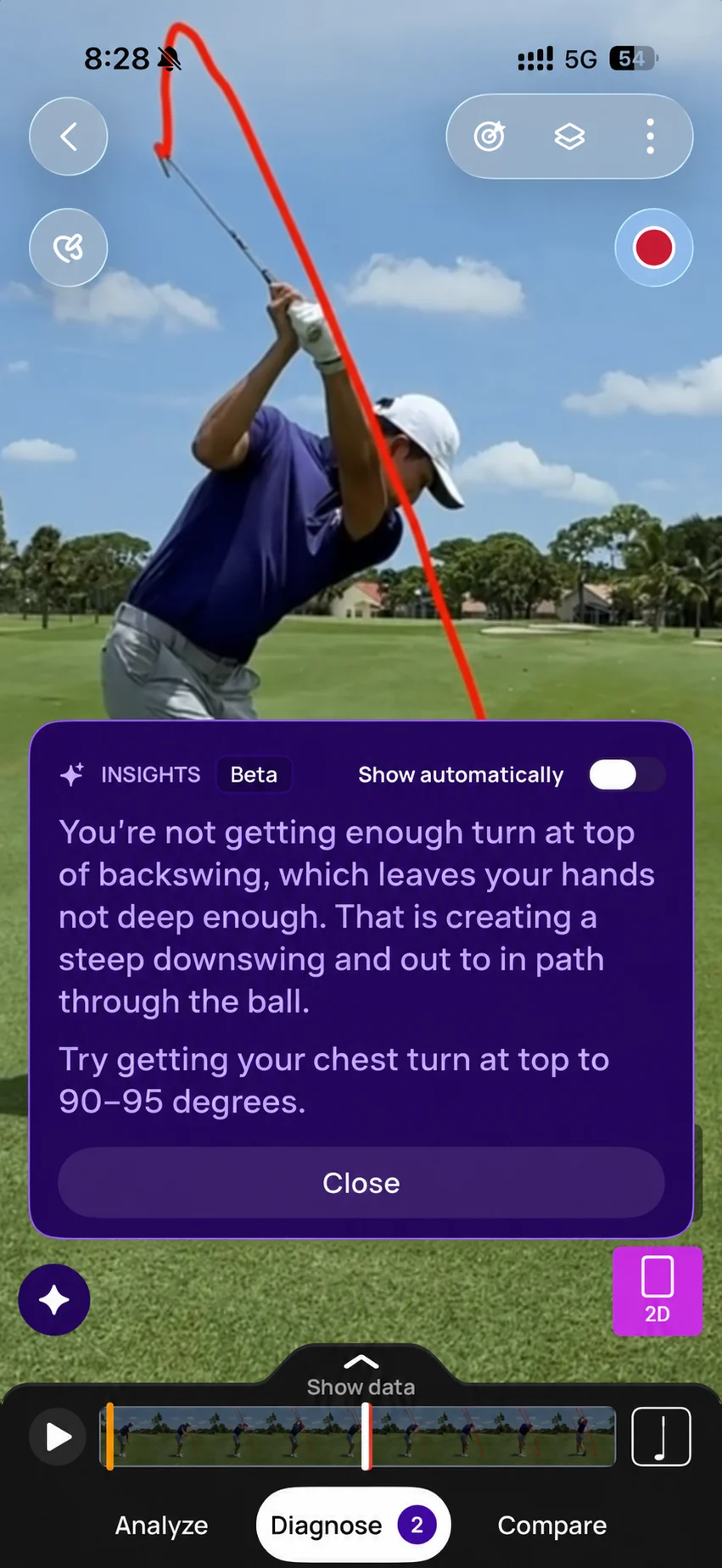 Sportsbox personalized insight connecting low turn to insufficient hand depth, a steep downswing, and an out-to-in path