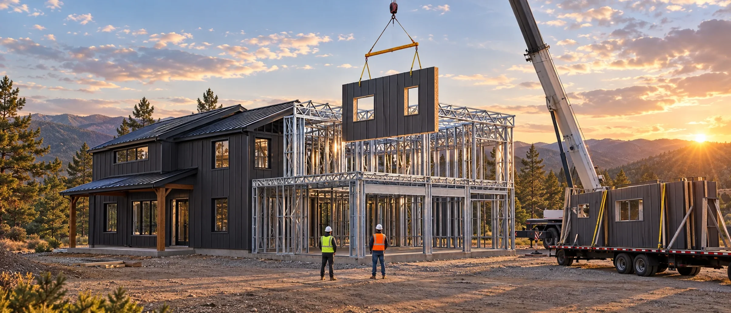 Concept rendering of a two-story lodge in Colorado, with a crane lifting a factory wall panel into galvanized steel framing