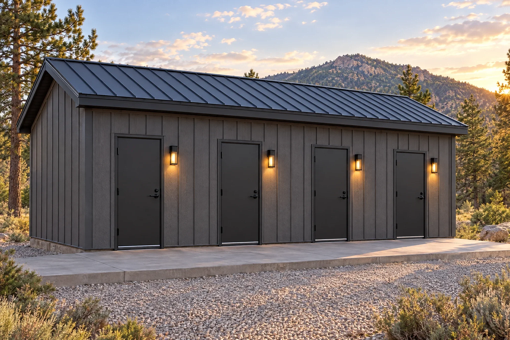 Concept rendering of a four-door Mytikas Bathhouse with sconce lights at a Colorado campground