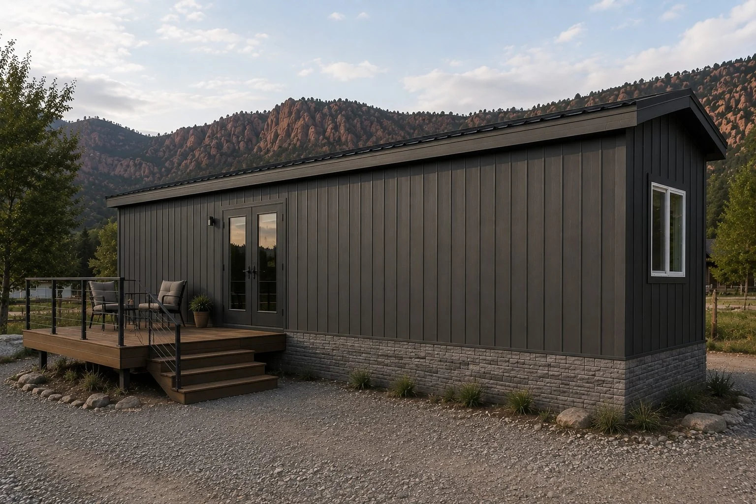Basecamp cabin with a front deck against a rocky mountain backdrop.