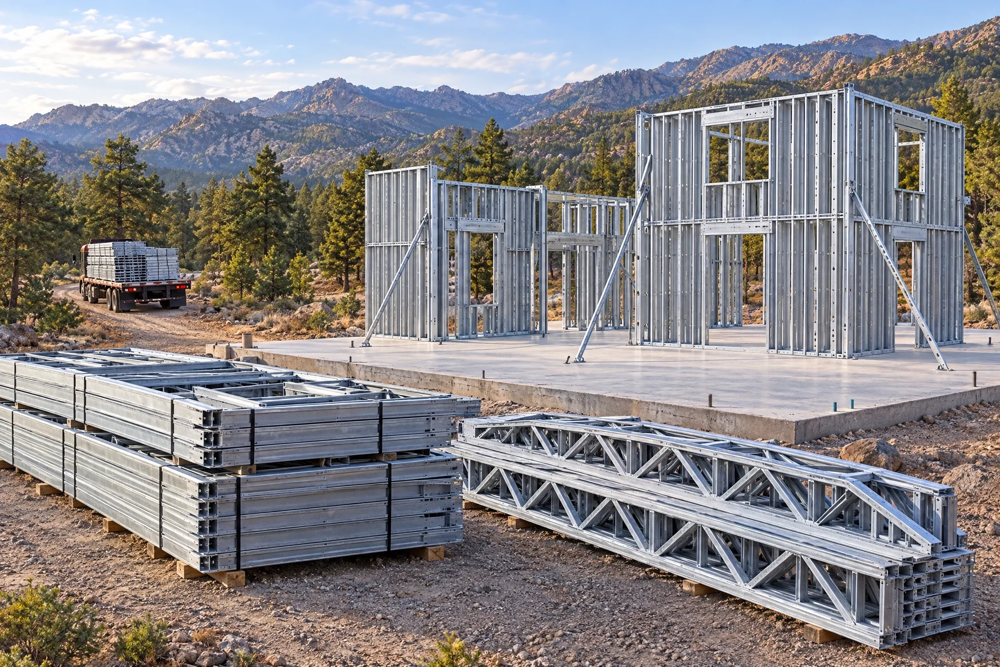 Concept rendering of delivered galvanized wall panels and roof trusses beside a home slab, with the first walls standing