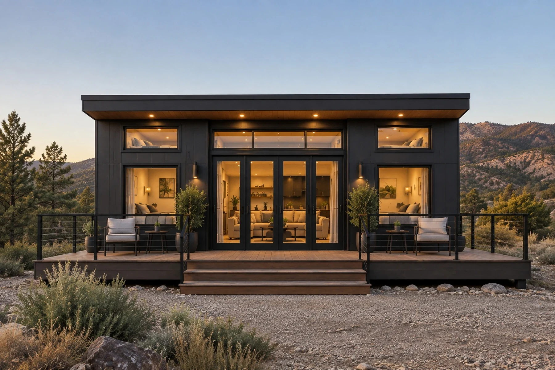 Summit exterior with two sleeping lofts above the main level and a front deck