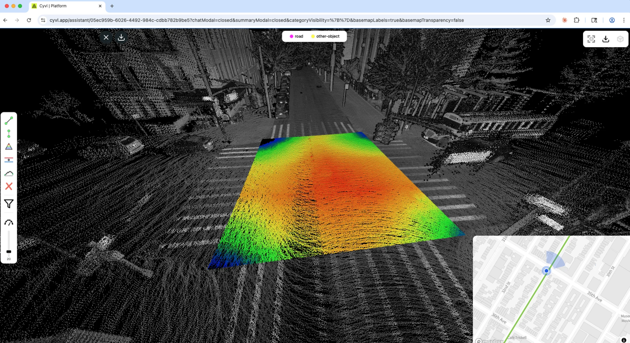 Cyvl point-cloud analysis of a Queens intersection showing the roadway profile and drainage direction