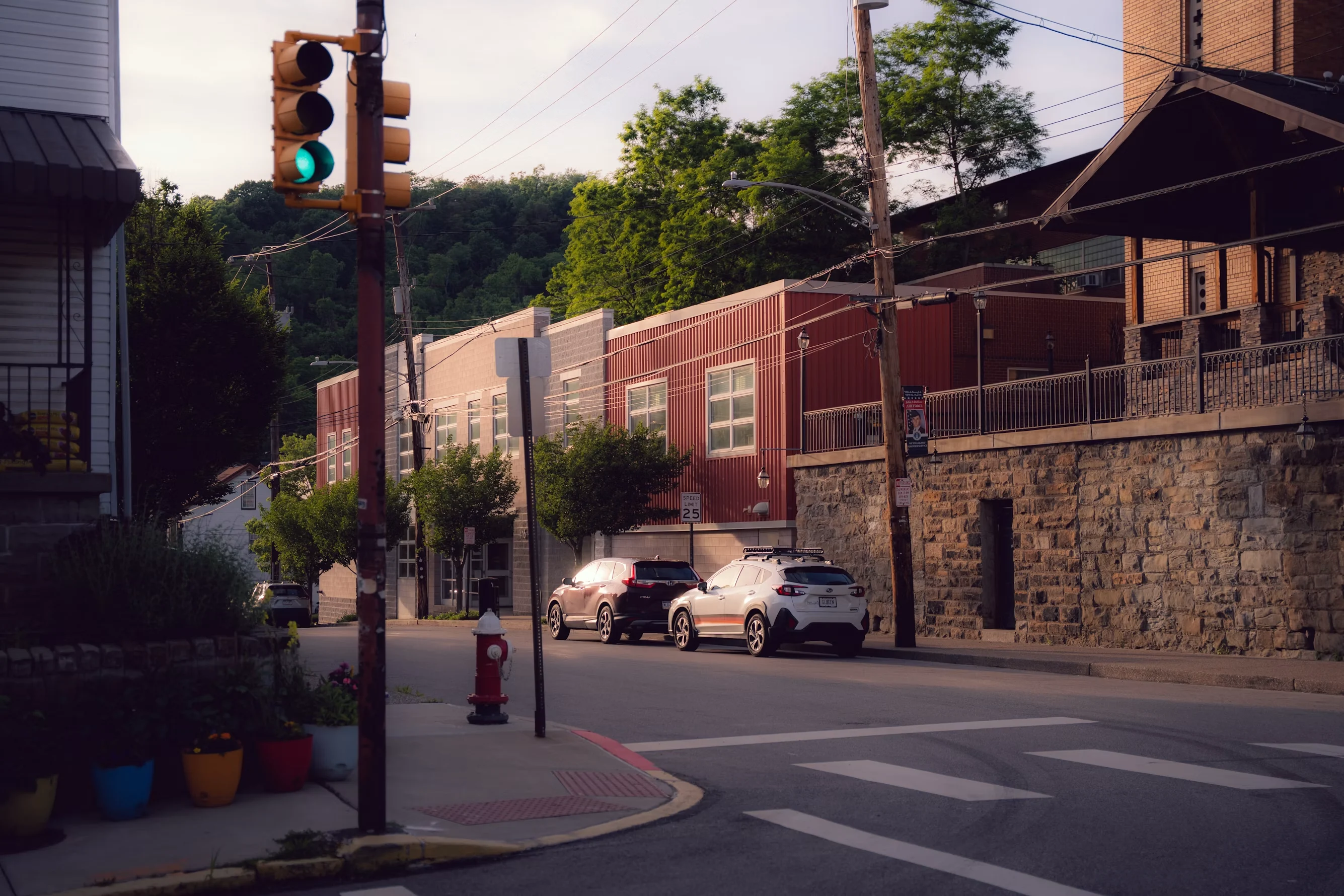 Street corner with a green traffic signal, crosswalk, and parked cars