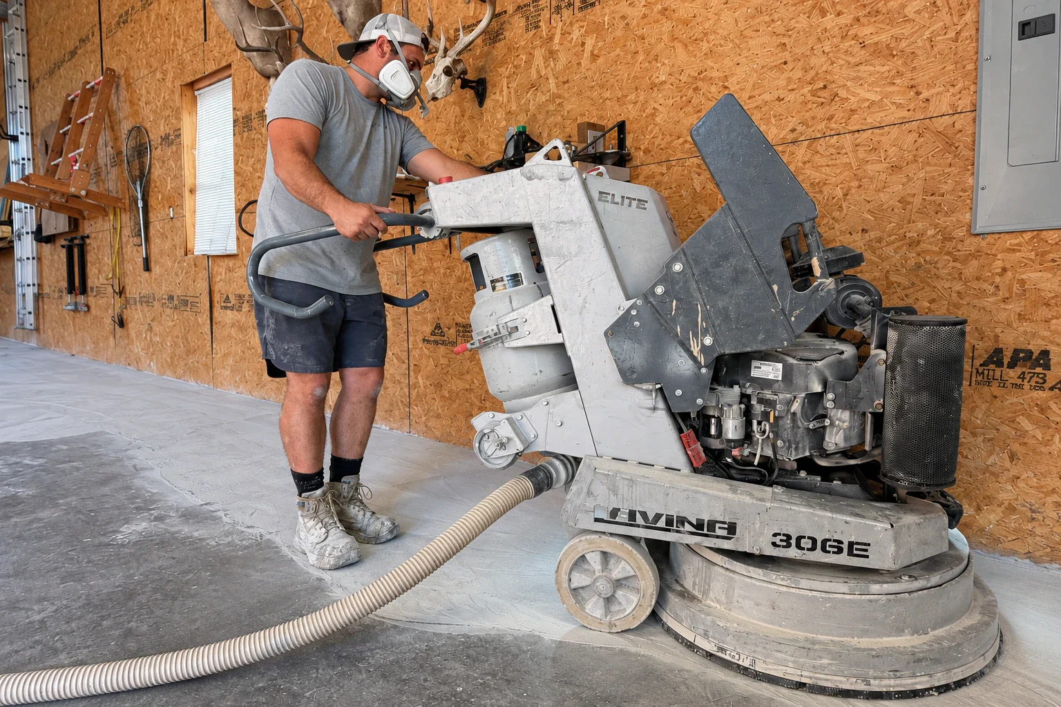 Concrete coating contractor running a floor grinder to prep a garage slab