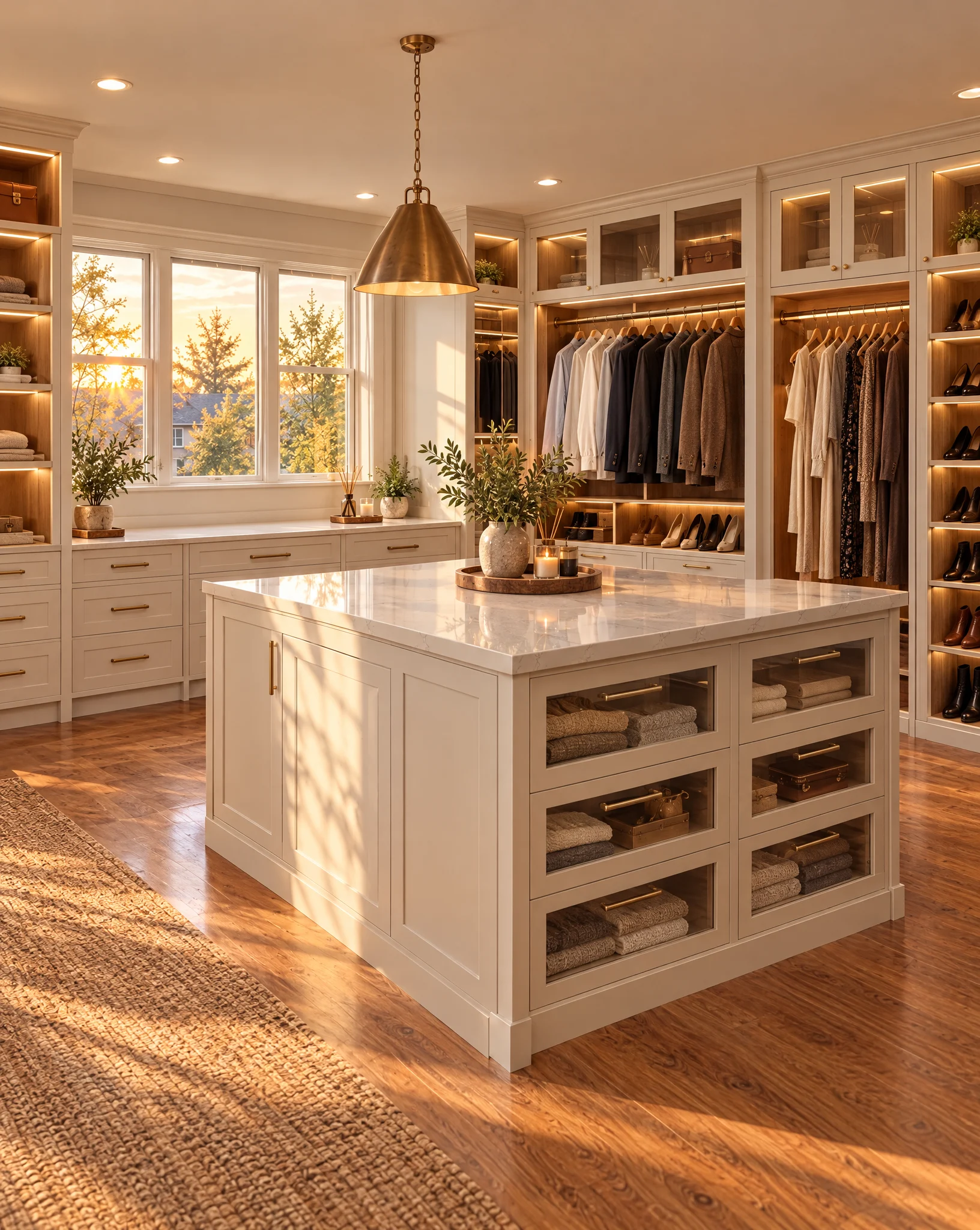 Finished custom walk-in closet with wood and white cabinetry, a center island and lighting