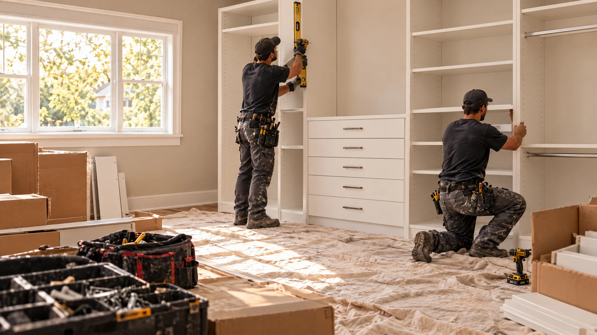 Two installers leveling and fitting a custom white walk-in closet system