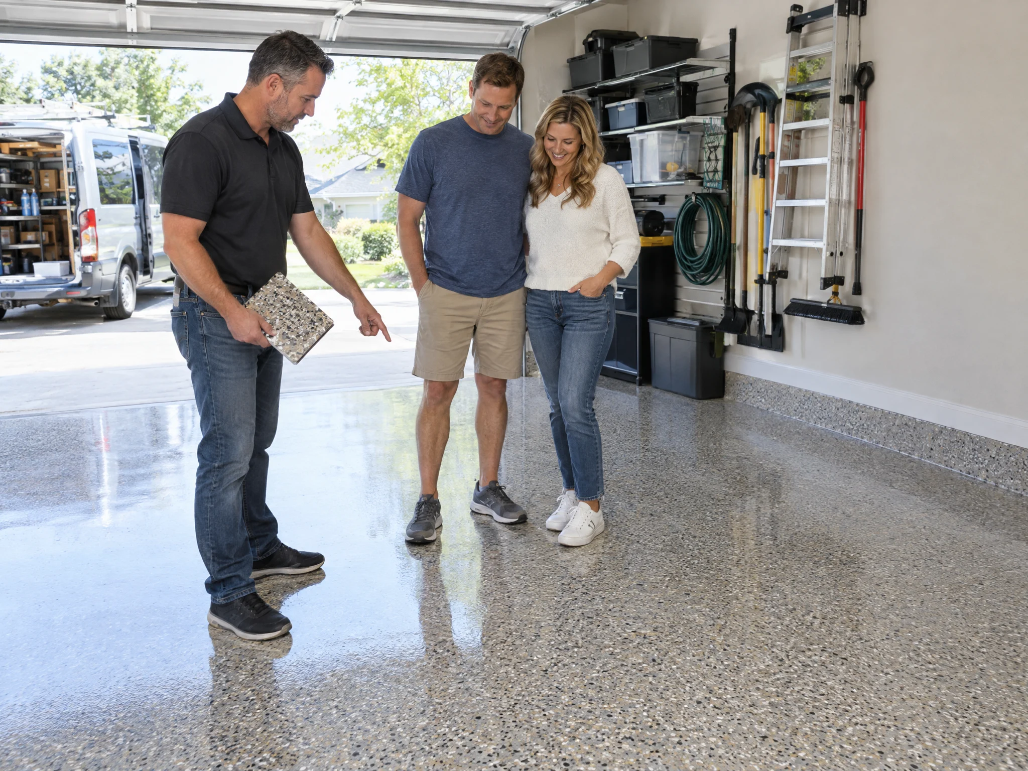 Coating contractor showing homeowners a flake sample on their finished garage floor