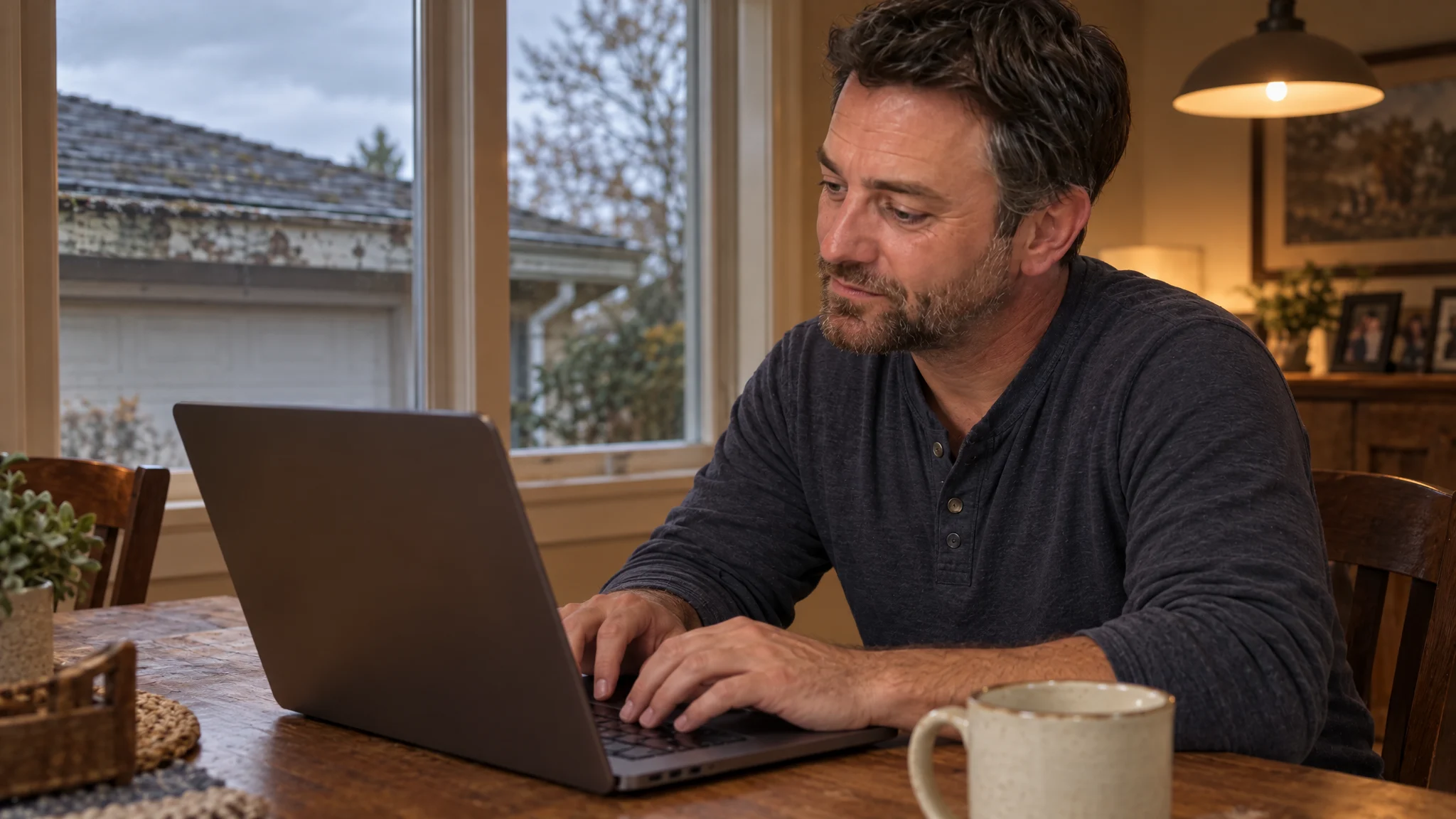 Homeowner searching for a contractor on his laptop at the dining table
