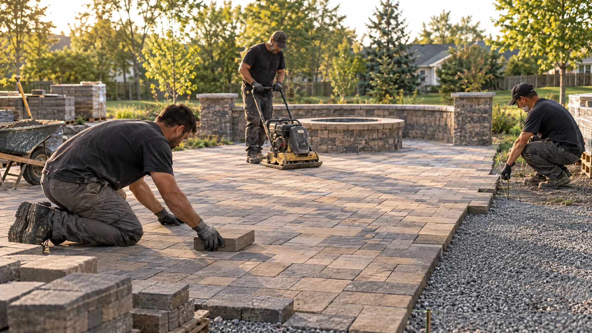 Hardscape crew setting and compacting pavers for a new backyard patio