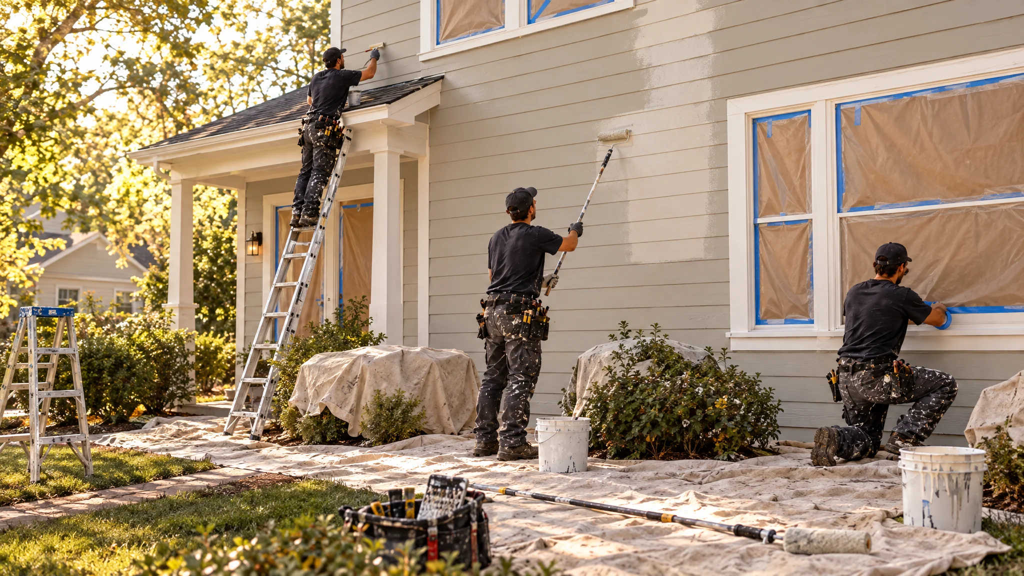 Painting crew masking windows, rolling siding and cutting in trim on a two-story home exterior