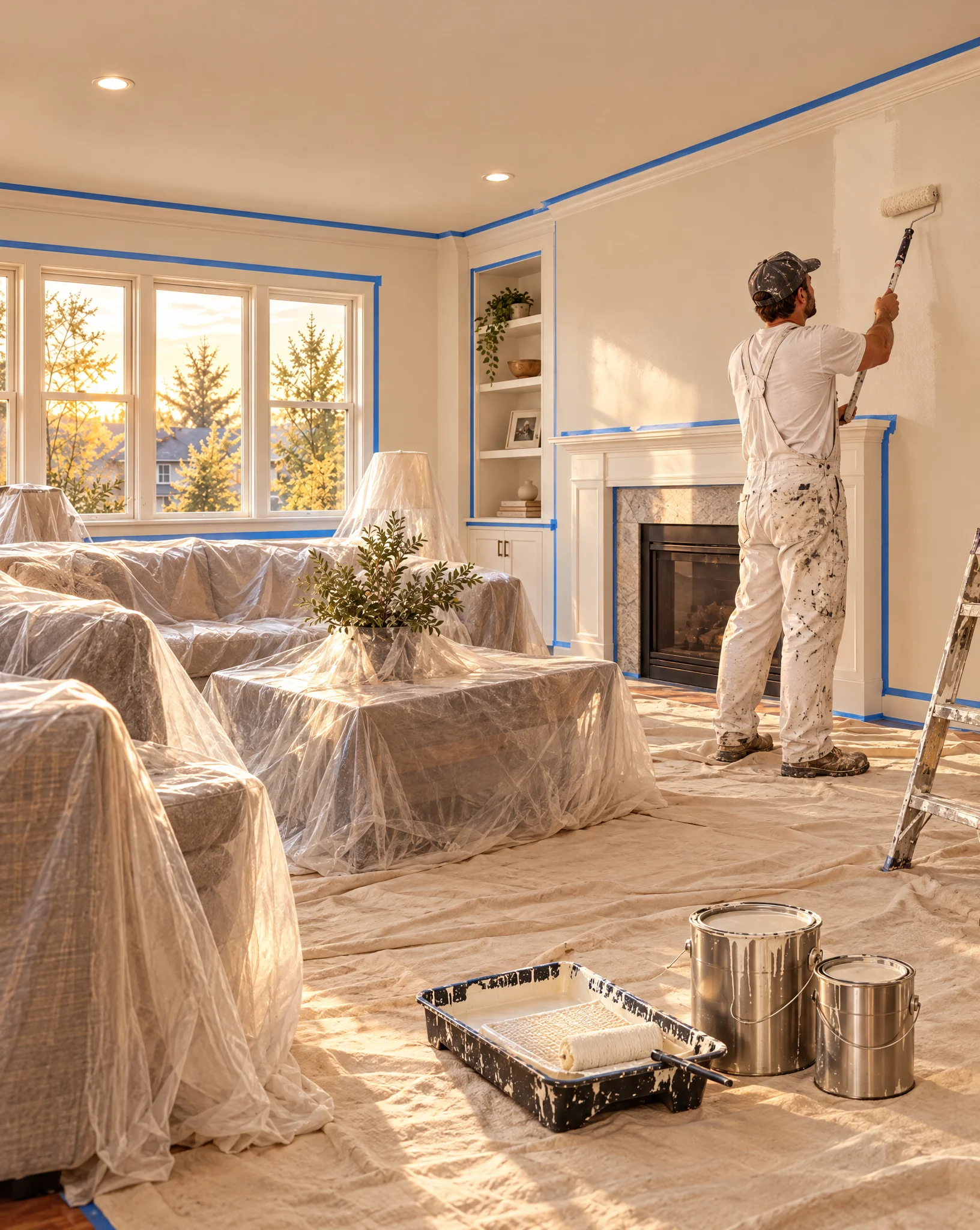 Painter rolling a fresh coat on a living room wall with furniture covered and floors protected