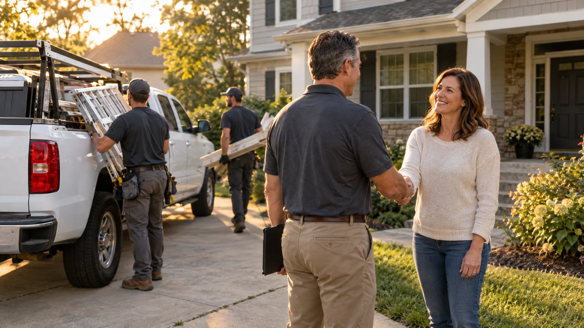Home improvement company owner greeting a homeowner in her driveway while his crew unloads the truck
