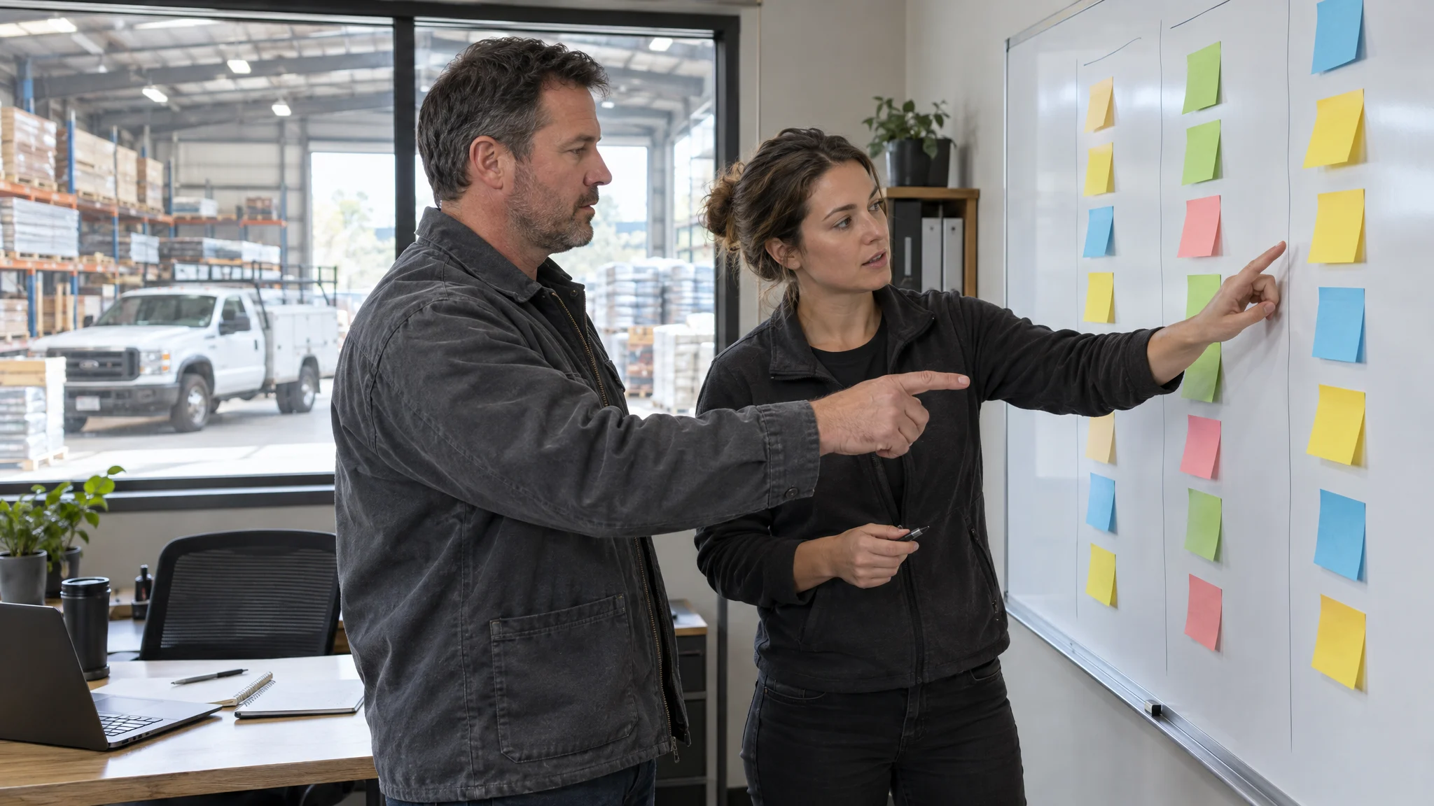 Home improvement company owner and operations manager planning the quarter at a whiteboard in their shop office