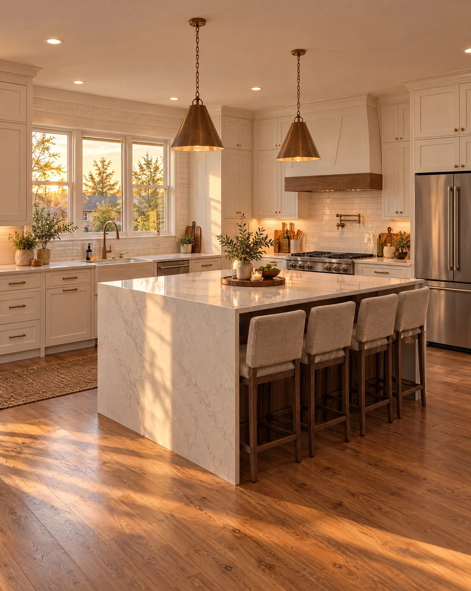 Newly remodeled kitchen with white shaker cabinets and a quartz island
