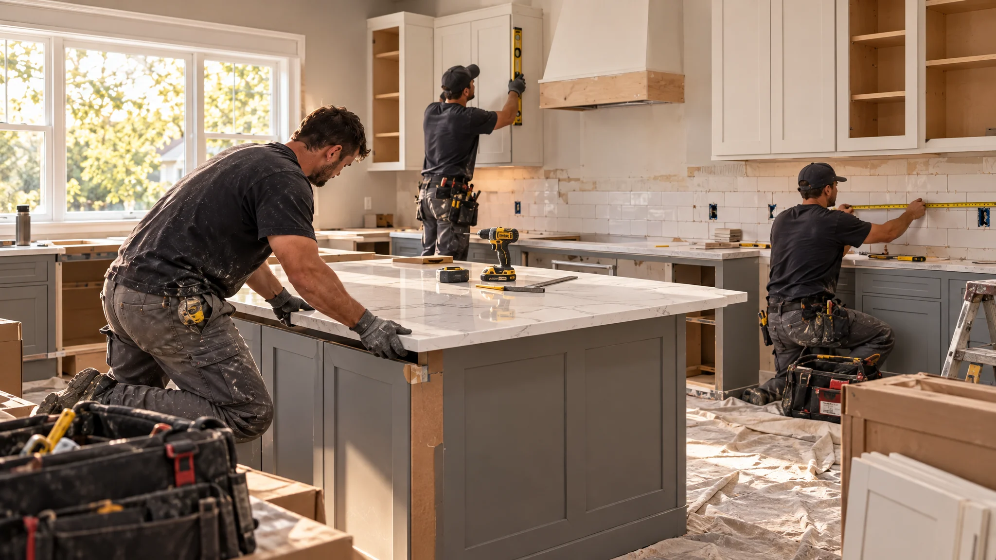 Remodeling crew installing a quartz island countertop and leveling new kitchen cabinets