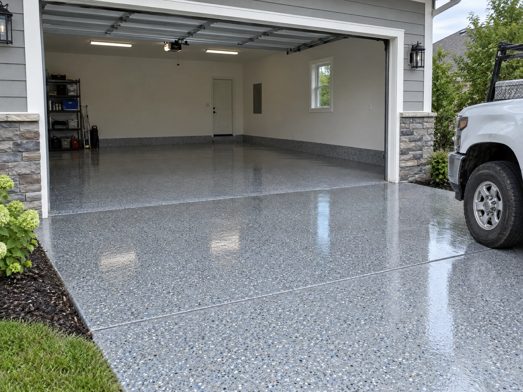 Finished decorative concrete coating on a residential garage and driveway