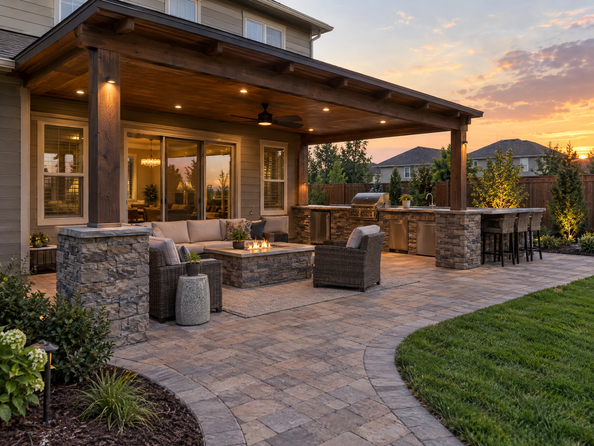 Covered patio with outdoor kitchen and fire pit at dusk