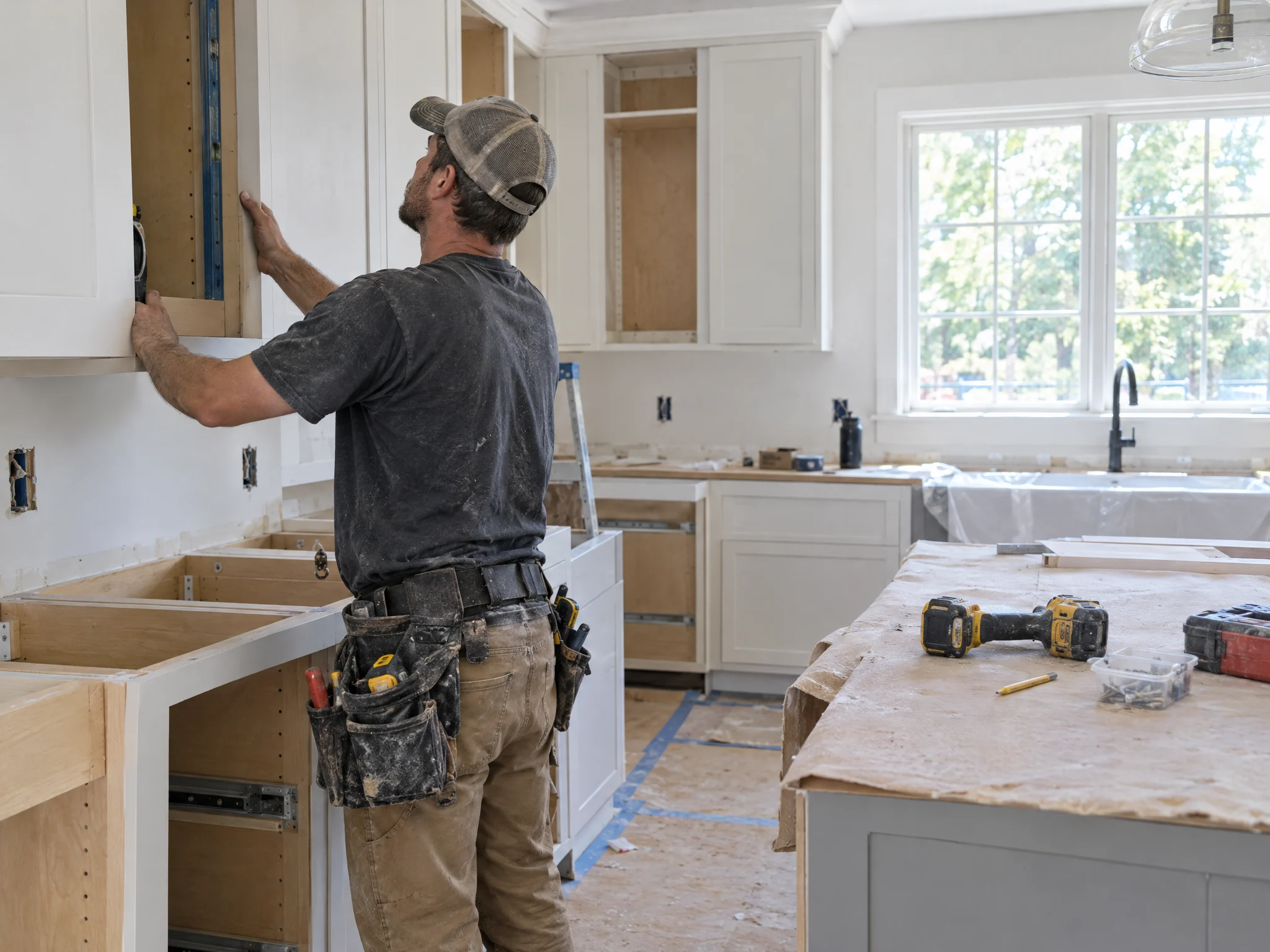 Remodeling contractor installing kitchen cabinets