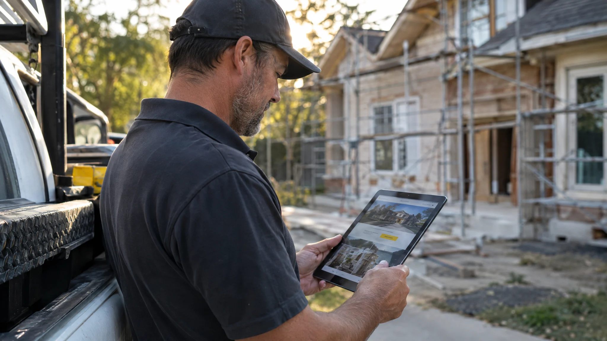 Contractor reviewing his company website on a tablet at a job site