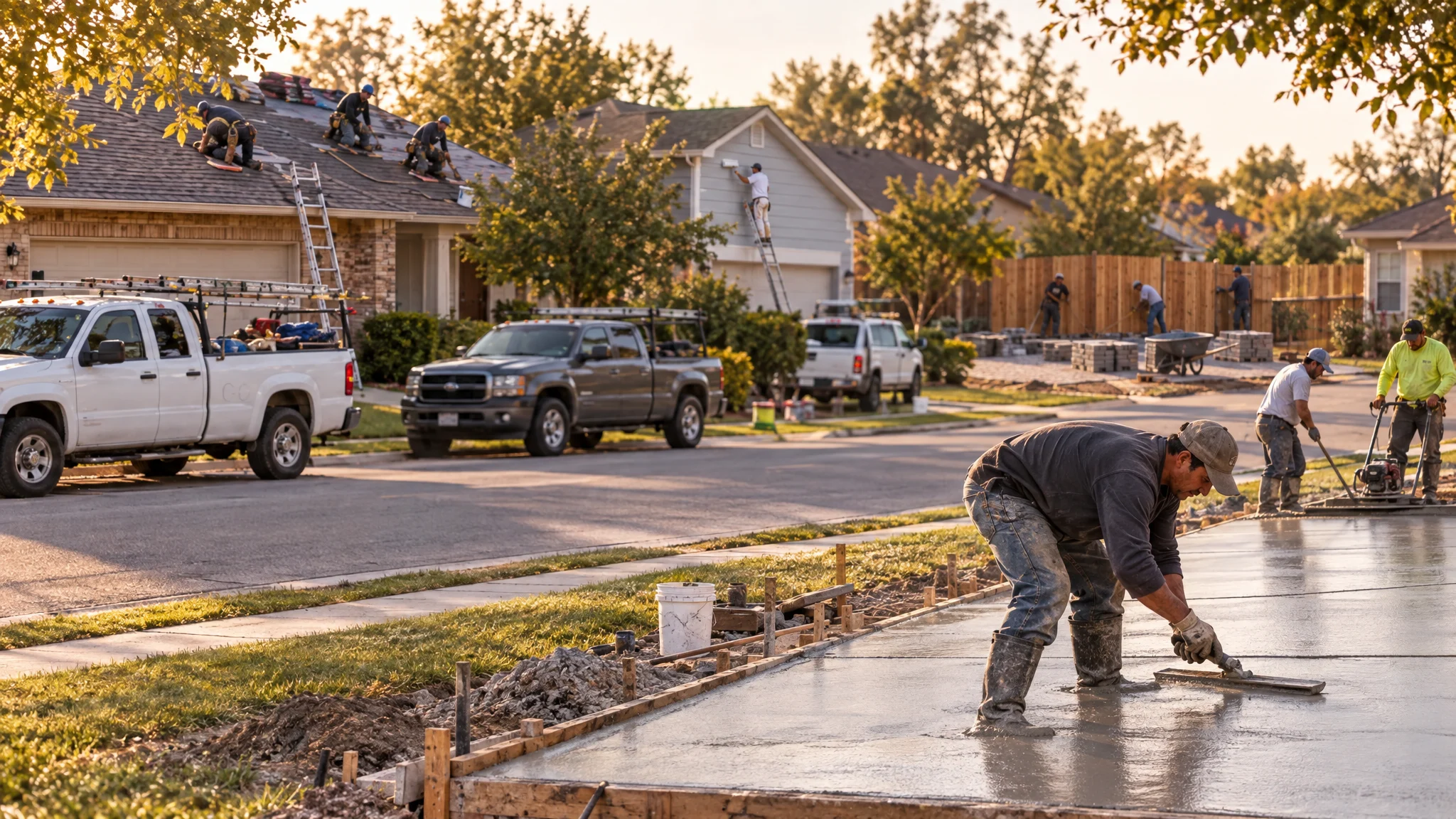 Concrete, roofing, painting and fence crews working on neighboring homes on one residential street