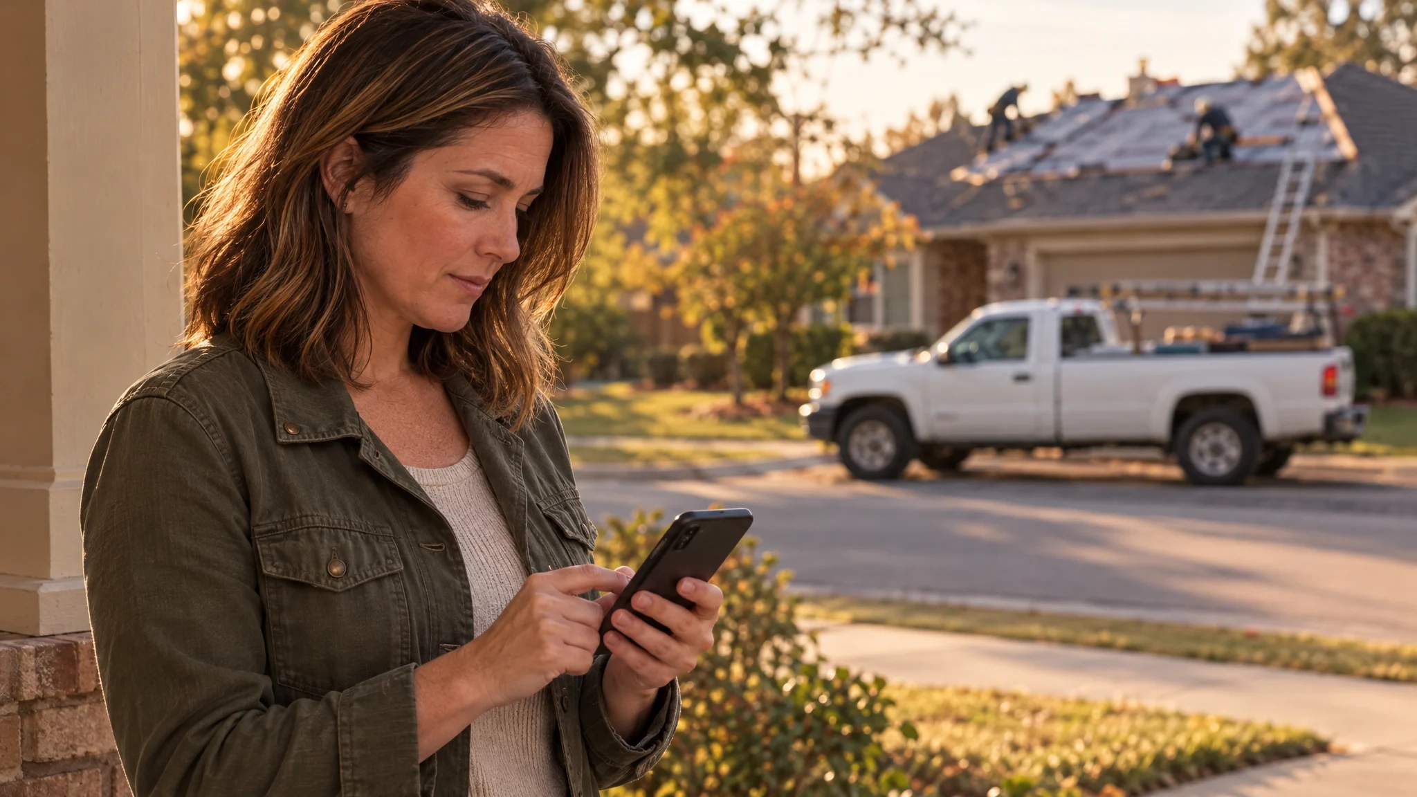 Homeowner on her front porch researching contractors on her phone