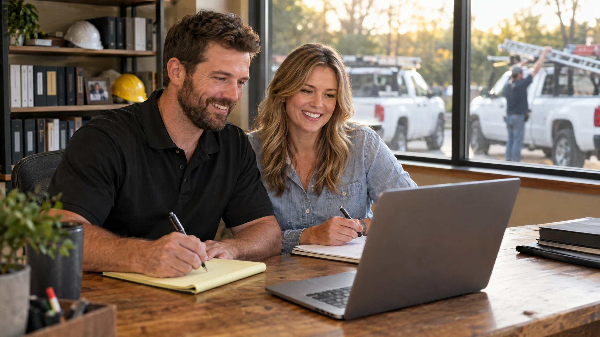 Contractor owners taking notes during a live marketing training in their shop office