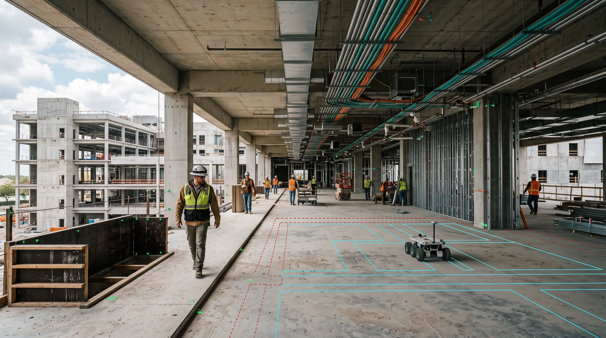 A hospital under construction with workers, dense building systems, and a robotic layout device marking coordinated plans onto the concrete floor.